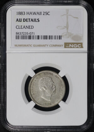 Obverse of this 1883 Liberty Seated Quarter Hawaii NGC AU Details Cleaned 