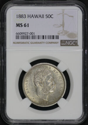Obverse of this 1883 Kingdom of Hawaii Silver Half Dollar NGC MS-61
