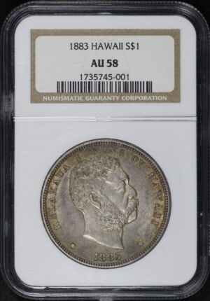 Obverse of this 1883 Kingdom of Hawaii Silver Dollar NGC AU-58