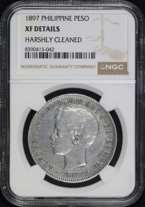 Obverse of this 1897 Philippines Alfonso XIII Silver Peso KM#154 NGC XF Details Harshly Cleaned
