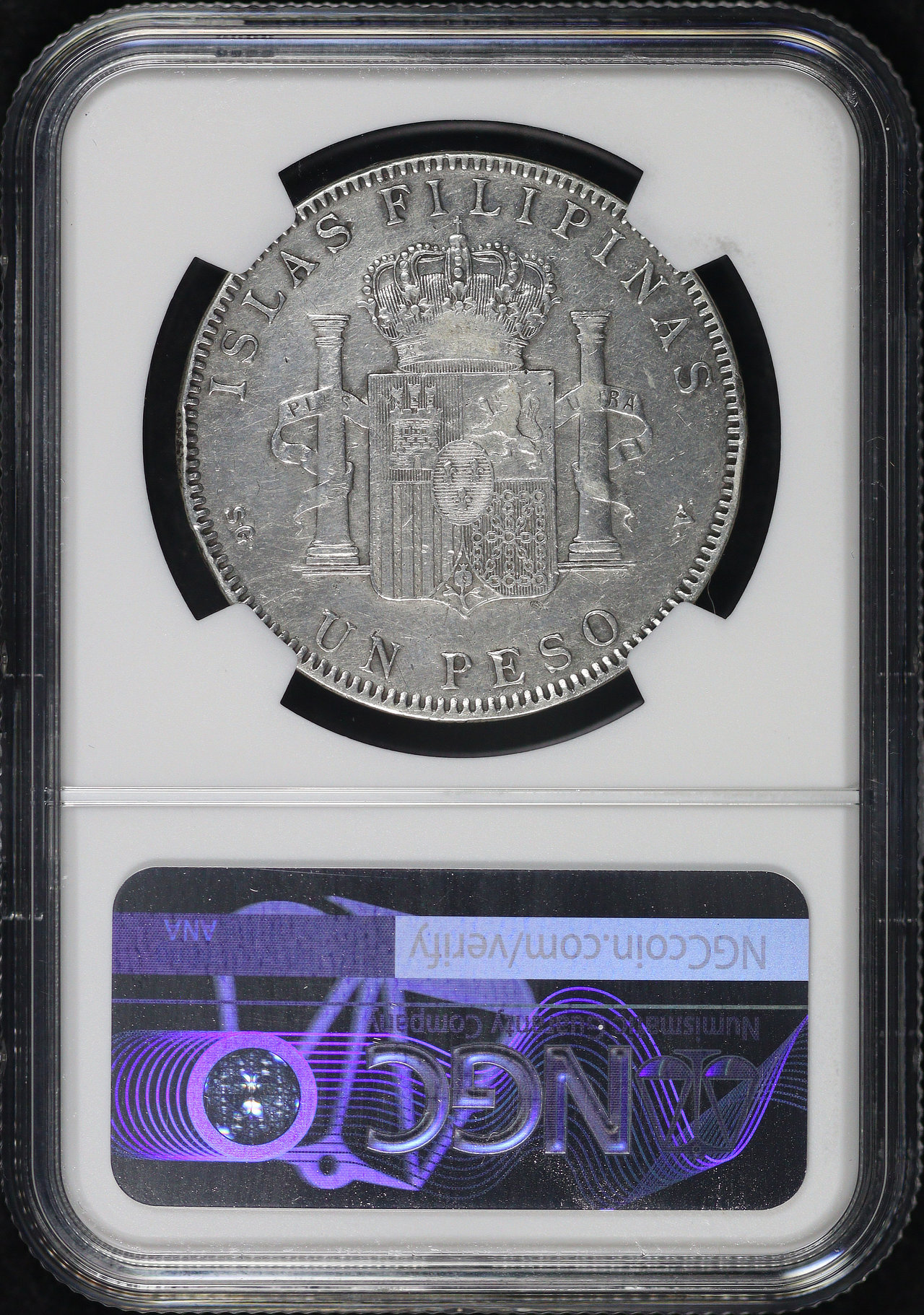 Reverse of this 1897 Philippines Alfonso XIII Silver Peso KM#154 NGC XF Details Harshly Cleaned