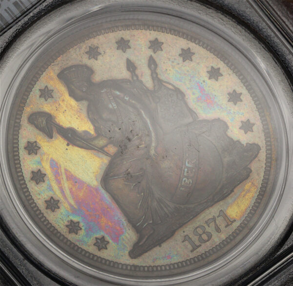 Gallery image of this 1871  J-1147 PCGS PR-64 BN CAC Mossy Green, Blue, & Violet Hue Toning