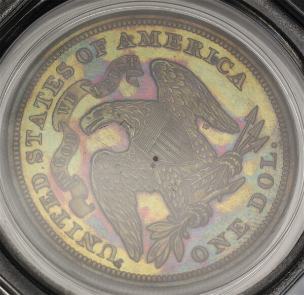 Gallery image of this 1871  J-1147 PCGS PR-64 BN CAC Mossy Green, Blue, & Violet Hue Toning
