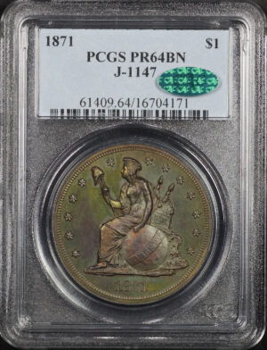Obverse of this 1871 J-1147 PCGS PR-64 BN CAC Mossy Green, Blue, & Violet Hue Toning