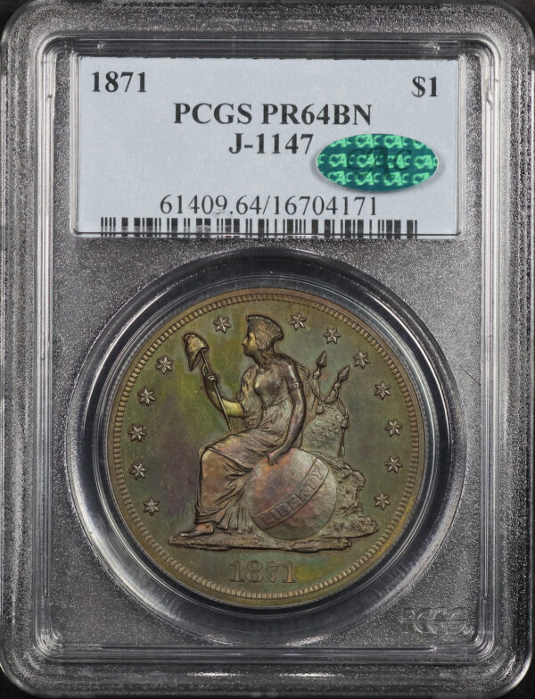 Obverse of this 1871 J-1147 PCGS PR-64 BN CAC Mossy Green, Blue, & Violet Hue Toning