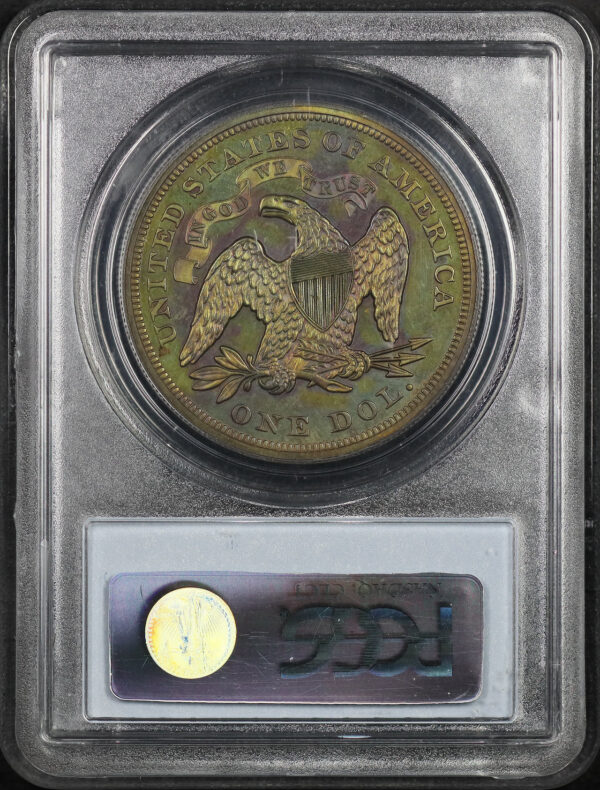 Reverse of this 1871  J-1147 PCGS PR-64 BN CAC Mossy Green, Blue, & Violet Hue Toning