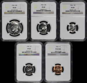 Obverse of this 1964 1C, 5C, 10C, 25C, & 50C 5 Coin Proof Set NGC PF-69