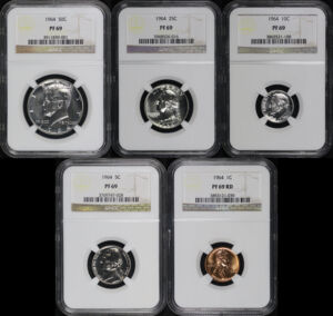 Obverse of this 1964 1C, 5C, 10C, 25C, & 50C 5 Coin Proof Set NGC PF-69