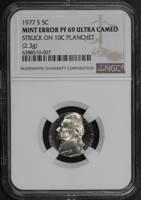 Obverse of this 1977-S Jefferson Nickel NGC PF-69 MINT ERROR Struck On 10c Planchet