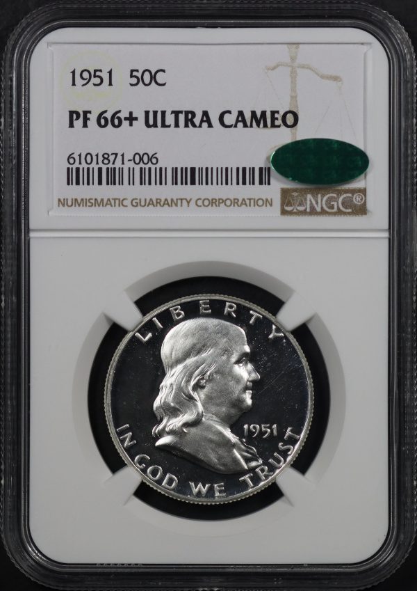 Obverse of this 1951 Franklin Half Dollar NGC PF-66+ UC CAC