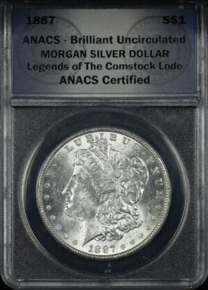 Obverse of this 1887 Morgan Dollar ANACS Brilliant Uncirculated Legends of The Comstock Lode