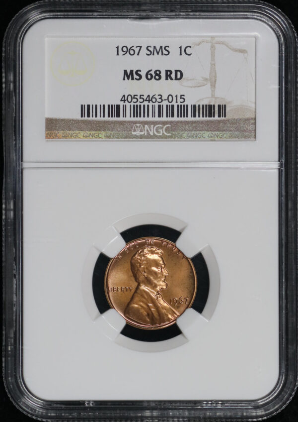 Obverse of this 1967 Lincoln Cent Modern SMS NGC MS-68 RD