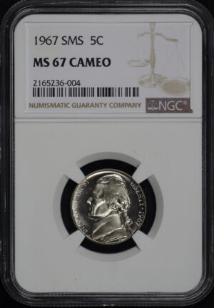 Obverse of this 1967 Jefferson Nickel SMS NGC MS-67 CAM