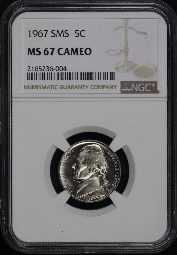 Obverse of this 1967 Jefferson Nickel SMS NGC MS-67 CAM