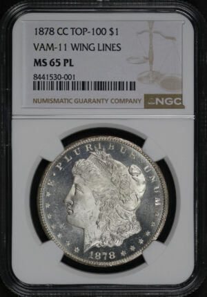 Obverse of this 1878-CC Top-100 Morgan Dollar VAM-11 Wing Lines NGC MS-65 PL