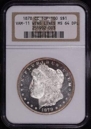 Obverse of this 1878-CC Top-100 VAM-11 Wing Lines Morgan Dollar NGC MS-64