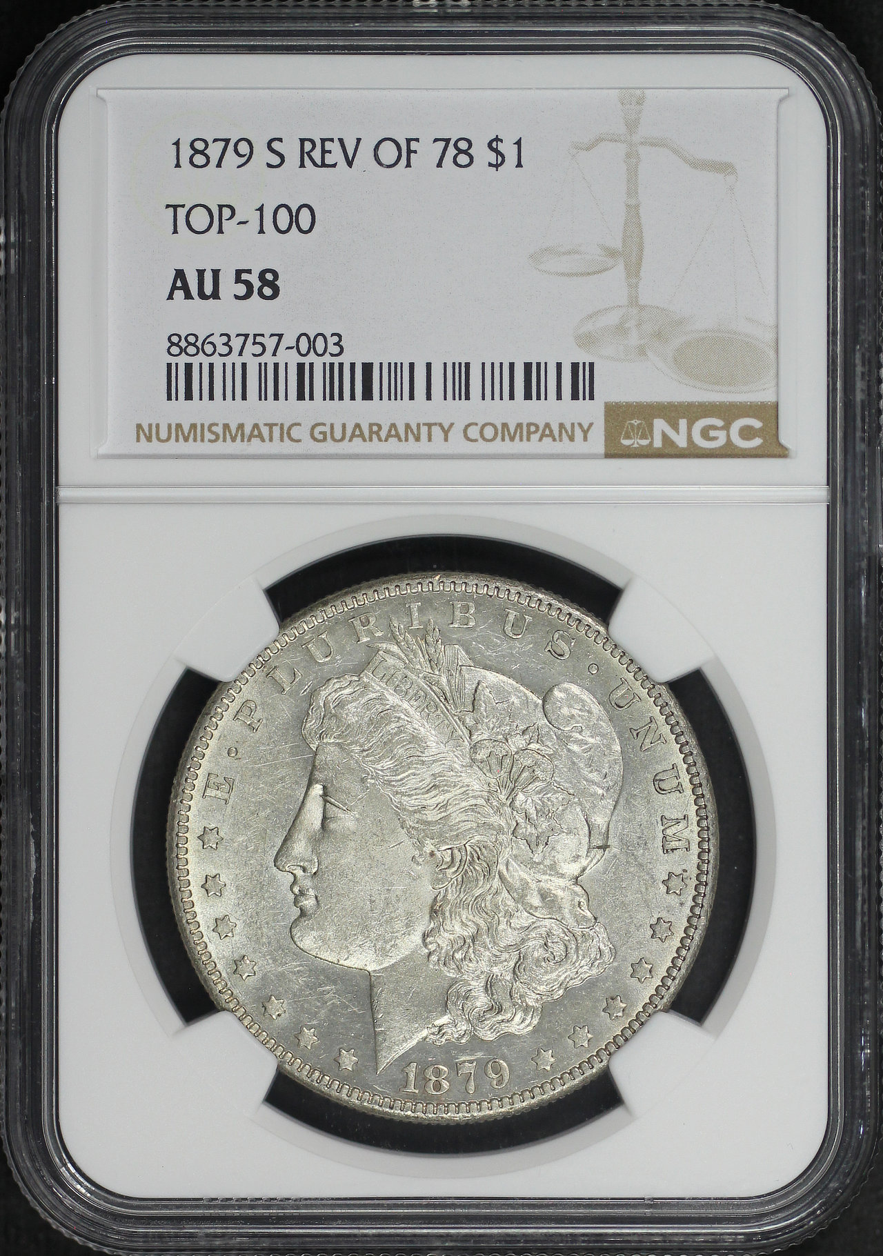 Obverse of this 1879-S Top-100 Morgan Dollar Reverse of 1878 NGC AU-58