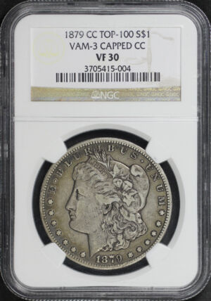 Obverse of this 1879-CC Morgan Dollar Capped Die VAM-3 Capped Die NGC VF-30