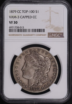 Obverse of this 1879-CC Top-100 Morgan Dollar VAM-3 Capped Die NGC VF-30 