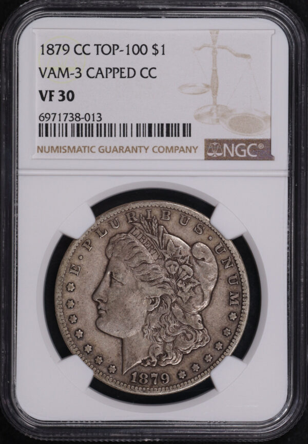 Obverse of this 1879-CC Top-100 Morgan Dollar VAM-3 Capped Die NGC VF-30 