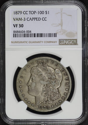 Obverse of this 1879-CC Top-100 Morgan Dollar VAM-3 Capped Die NGC VF-30 