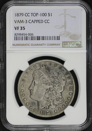 Obverse of this 1879-CC Top-100 Morgan Dollar Capped Die VAM-3 Capped Die NGC VF-35