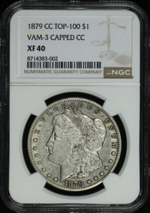 Obverse of this 1879-CC Top-100 Morgan Dollar VAM-3 Capped Die NGC XF-40 