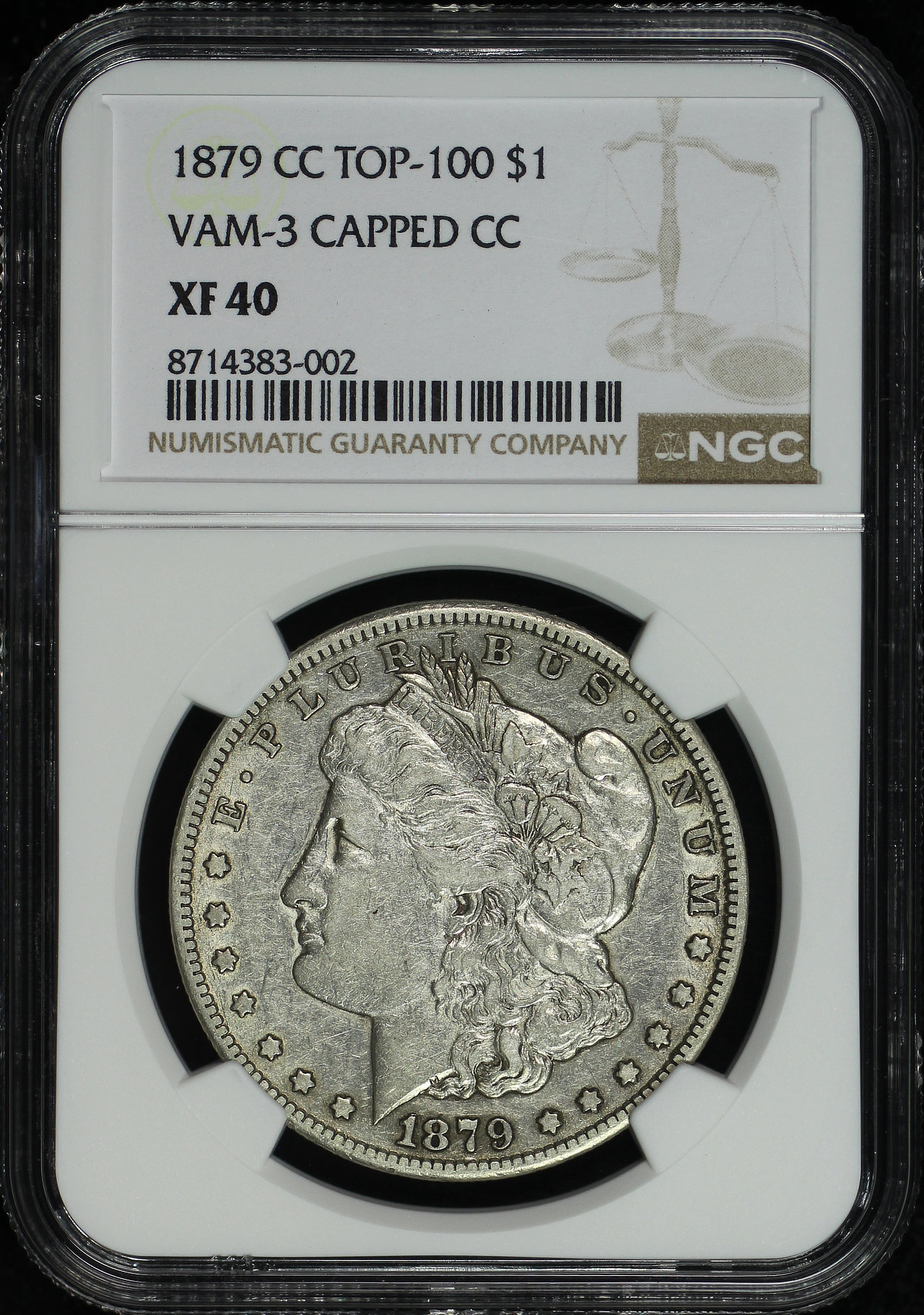 Obverse of this 1879-CC Top-100 Morgan Dollar VAM-3 Capped Die NGC XF-40