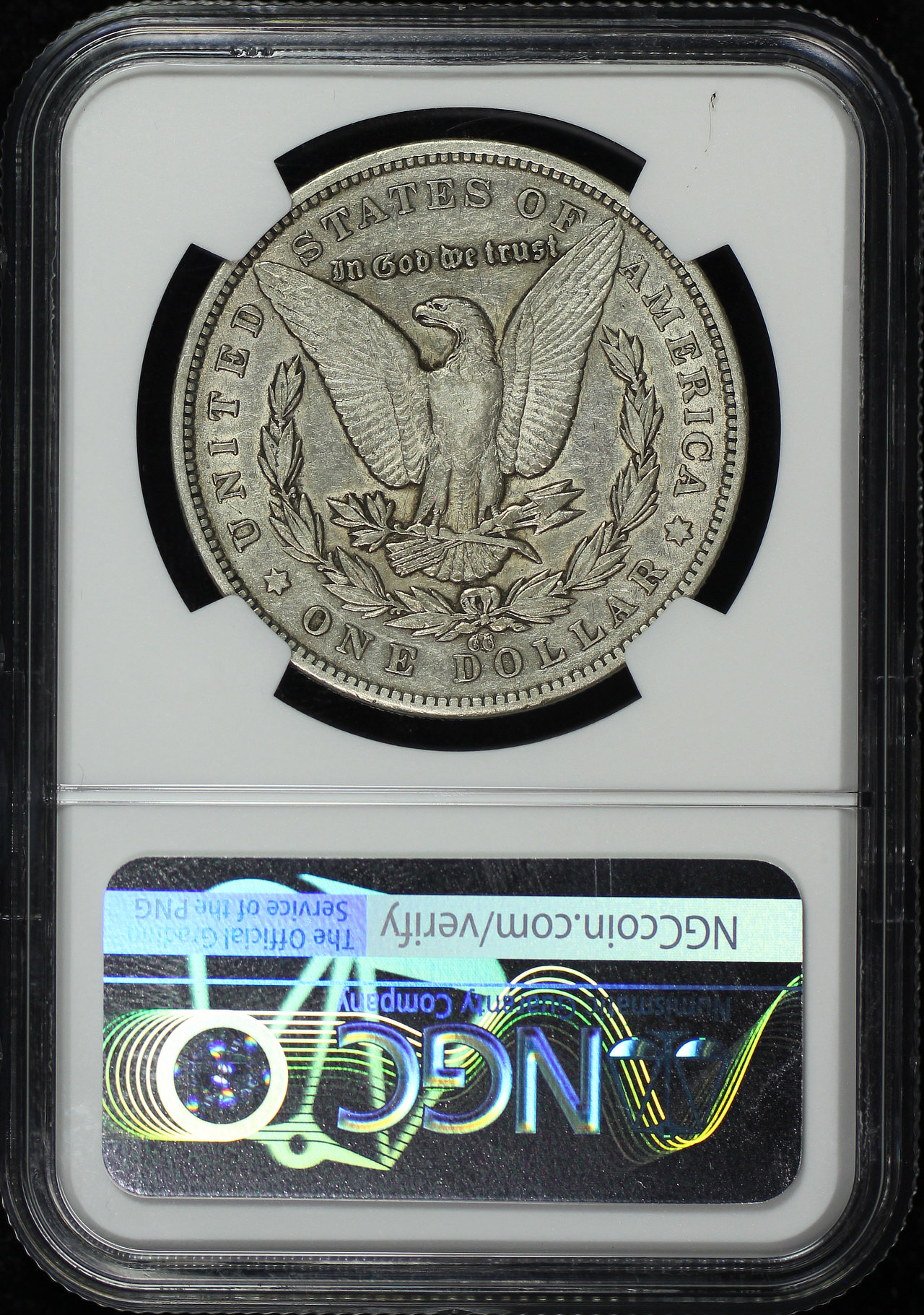 Reverse of this 1879-CC Top-100 Morgan Dollar VAM-3 Capped Die NGC XF-40