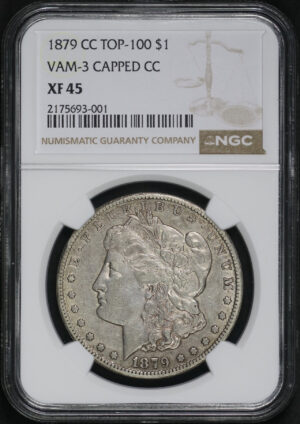 Obverse of this 1879-CC Top-100 Morgan Dollar VAM-3 Capped Die NGC XF-45 