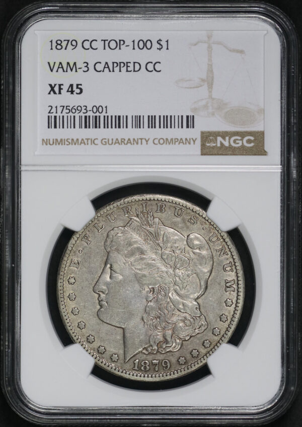 Obverse of this 1879-CC Top-100 Morgan Dollar VAM-3 Capped Die NGC XF-45 