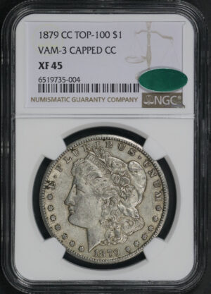 Obverse of this 1879-CC Top-100 Morgan Dollar VAM-3 Capped Die NGC XF-45 CAC