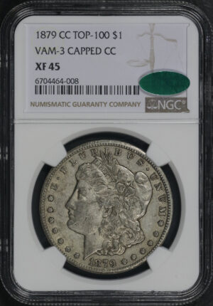 Obverse of this 1879-CC Top-100 Morgan Dollar VAM-3 Capped CC NGC XF-45 CAC