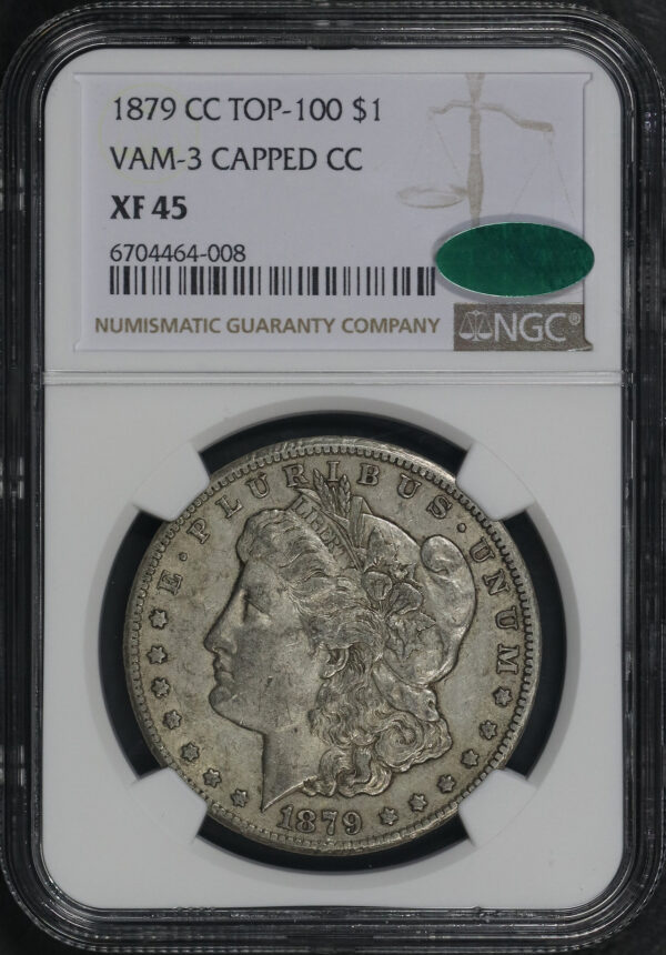 Obverse of this 1879-CC Top-100 Morgan Dollar VAM-3 Capped CC NGC XF-45 CAC
