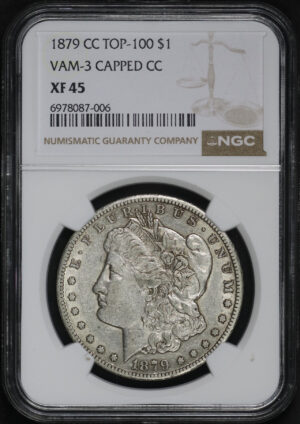Obverse of this 1879-CC Top-100 Morgan Dollar VAM-3 Capped Die NGC XF-45