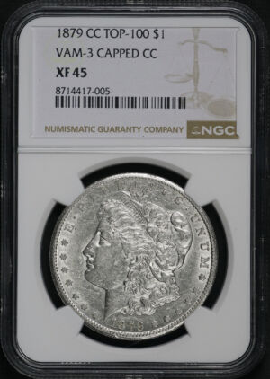 Obverse of this 1879-CC Morgan Dollar Capped Die VAM-3 Capped Die NGC XF-45