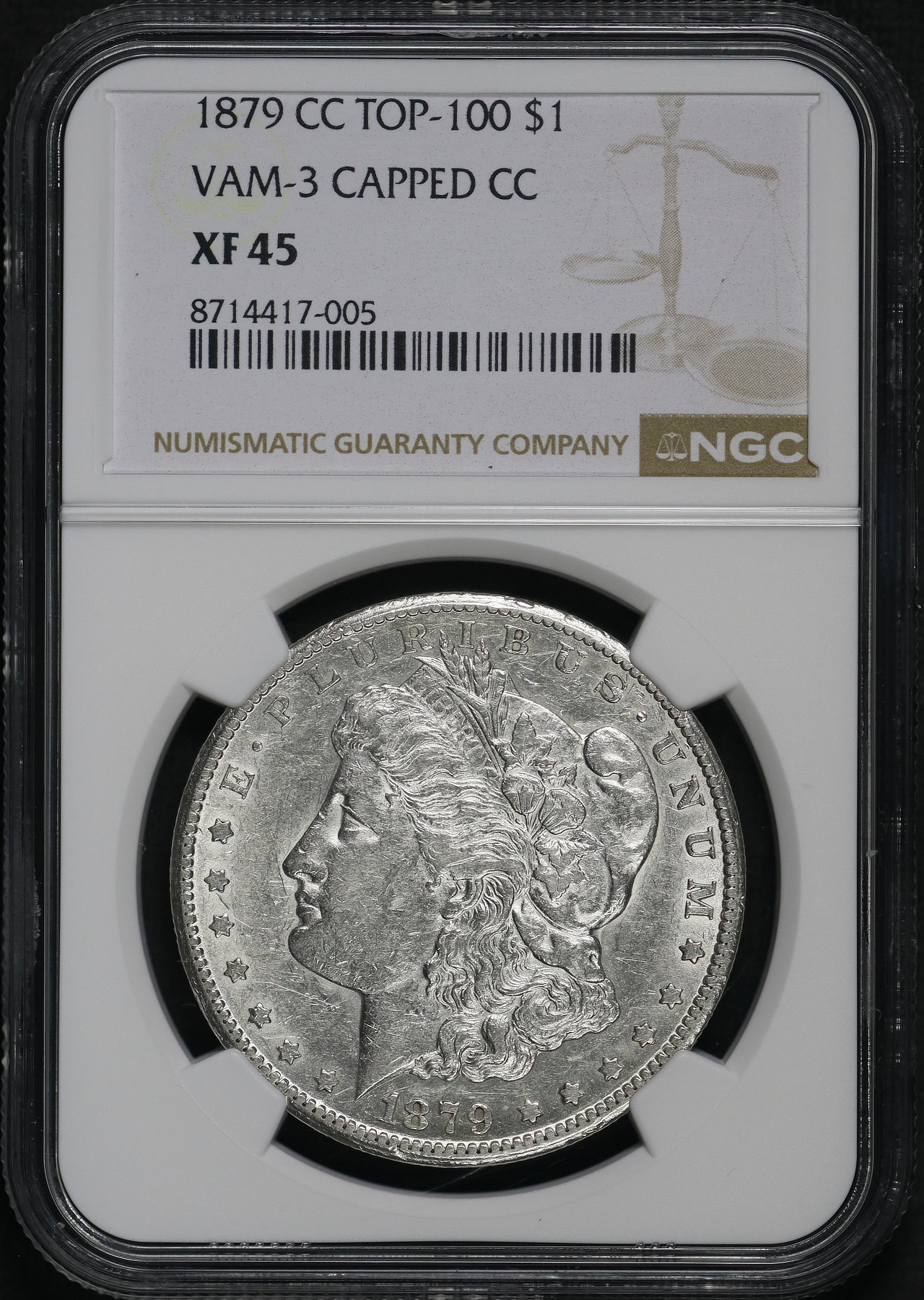 Obverse of this 1879-CC Morgan Dollar Capped Die VAM-3 Capped Die NGC XF-45
