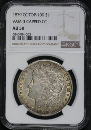 Obverse of this 1879-CC Top-100 Morgan Dollar VAM-3 Capped Die NGC AU-50 