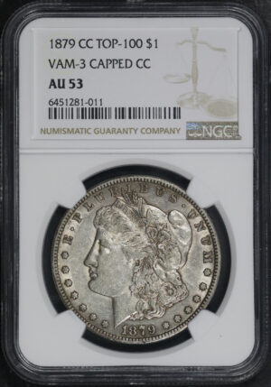 Obverse of this 1879-CC Top-100 Morgan Dollar VAM-3 Capped Die NGC AU-53 