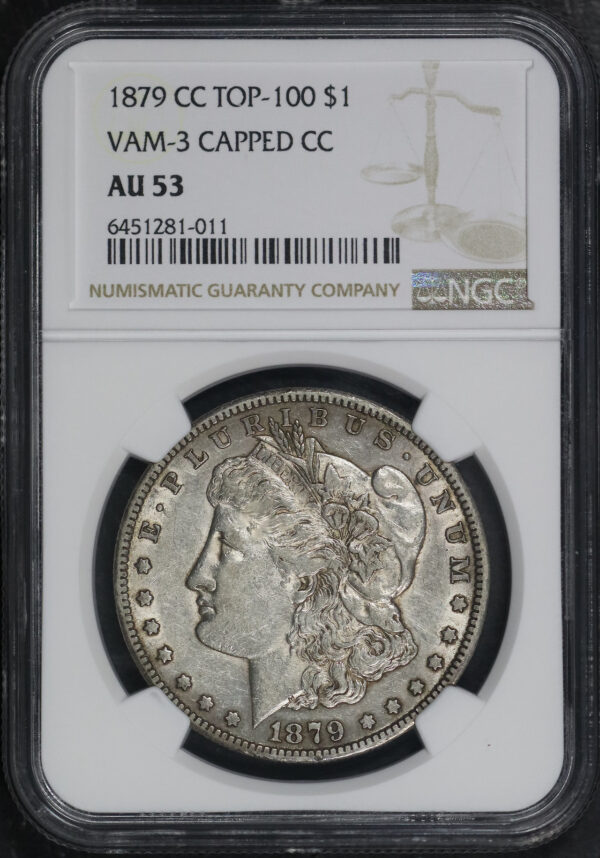 Obverse of this 1879-CC Top-100 Morgan Dollar VAM-3 Capped Die NGC AU-53 