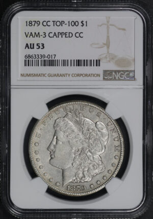 Obverse of this 1879-CC Top-100 Morgan Dollar VAM-3 Capped Die NGC AU-53 