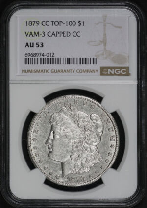 Obverse of this 1879-CC Top-100 Morgan Dollar VAM-3 Capped Die NGC AU-53 