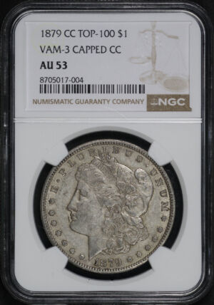 Obverse of this 1879-CC Top-100 Morgan Dollar VAM-3 Capped Die NGC AU-53 