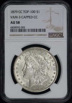 Obverse of this 1879-CC Top-100 Morgan Dollar VAM-3 Capped Die NGC AU-58 