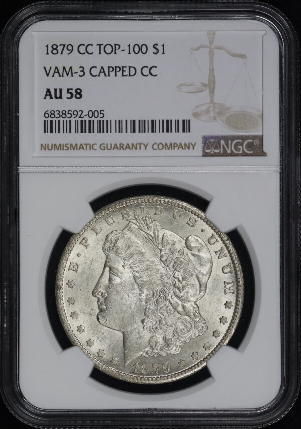 Obverse of this 1879-CC Top-100 Morgan Dollar VAM-3 Capped Die NGC AU-58 