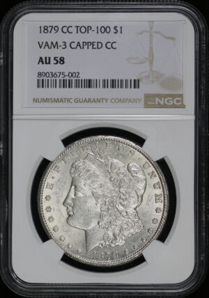 Obverse of this 1879-CC Top-100 Morgan Dollar VAM-3 Capped Die NGC AU-58