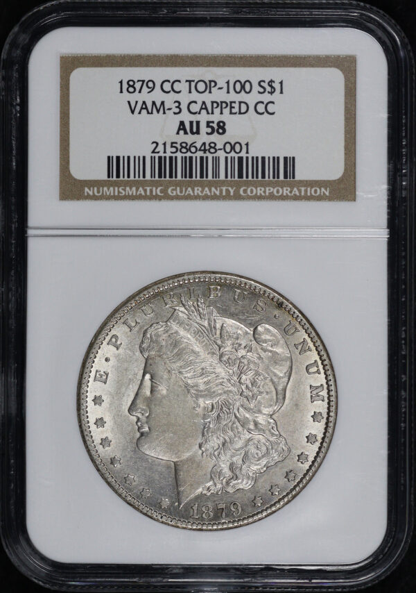 Obverse of this 1879-CC Top-100 VAM-3 Capped Die Morgan Dollar NGC AU-58 