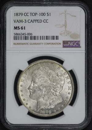 Obverse of this 1879-CC Top-100 Morgan Dollar VAM-3 Capped Die NGC MS-61 