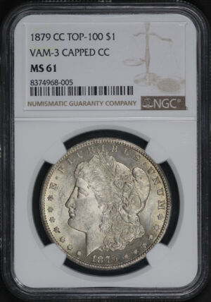 Obverse of this 1879-CC Top-100 Morgan Dollar Capped Die VAM-3 NGC MS-61 