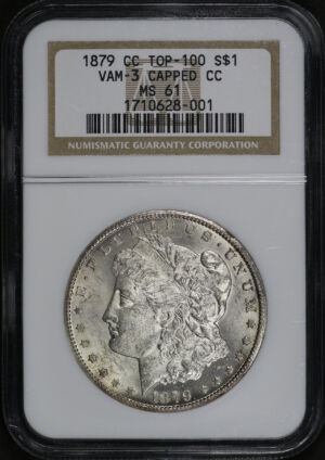 Obverse of this 1879-CC Top-100 Morgan Dollar Capped Die VAM-3 NGC MS-61 